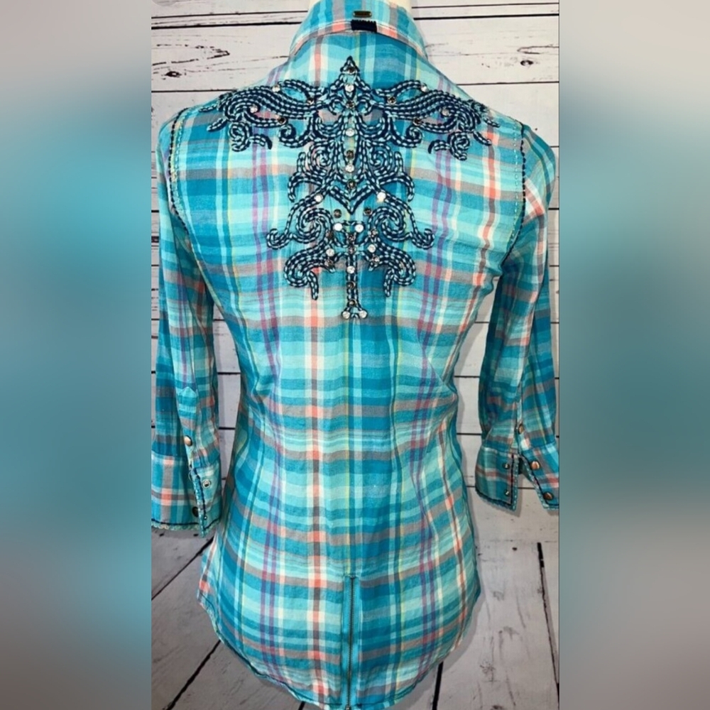 Roar Blue Plaid Button-Up Shirt with Embroidery And Riverts, Size M - Picture 11 of 13
